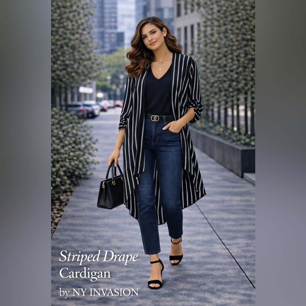 OS Striped Open Front High-Low Cardigan | NY Invasion Drape Kimono - Picture 6 of 9